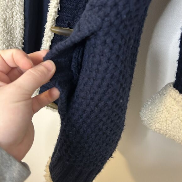 LL Bean Knit Cardigan Shearling Sherpa Lined Navy Blue Hooded Long - Large - Picture 6 of 16